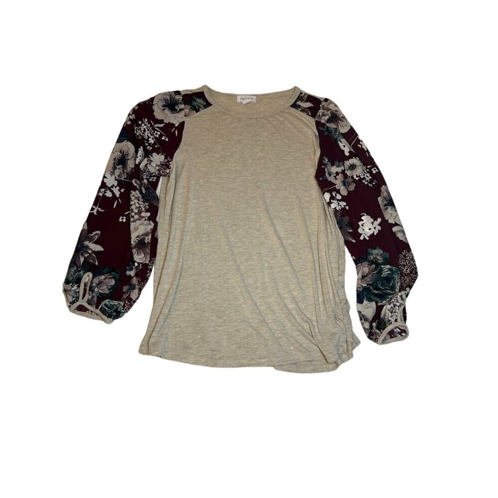 Hailey & Co. Womens Floral Sleeve Raglan‎ Top Size L Beige & Burgundy